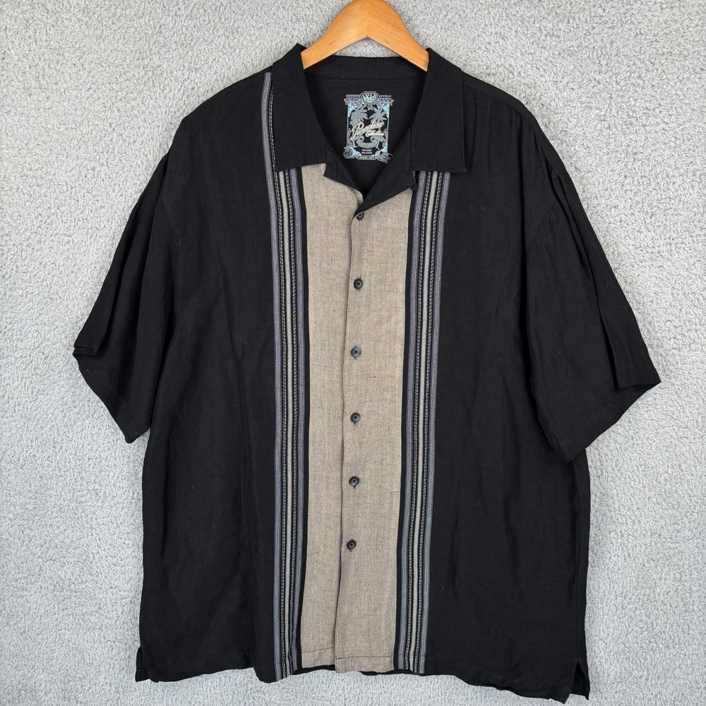 Paradise Collection Camp Shirt Mens XL Black Beige Rayon Linen Loop Collar Beach